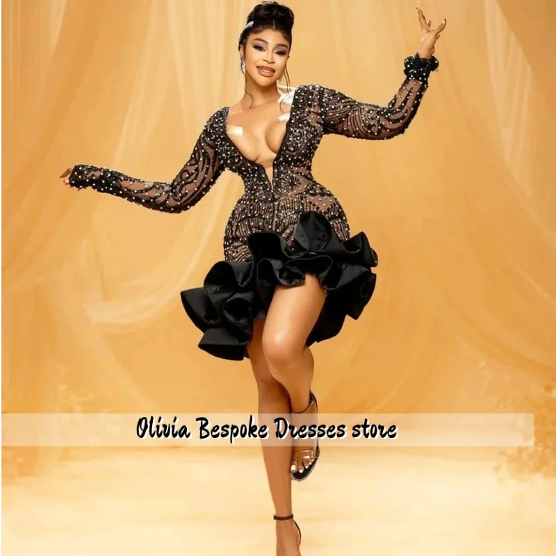 2026 New Long Sleeve Deep V Black Mini Cocktail Dress For Black African Women Corset Fitted Short Formal Prom Dress Customized