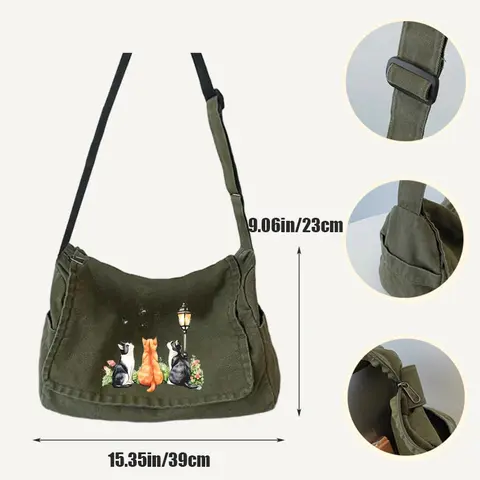 Kattälskares tygväska Vintage damaxelväska Flera fickor Axelväska för datorer Bokväska Pendling 8 best sales tygväska för laptop - №5