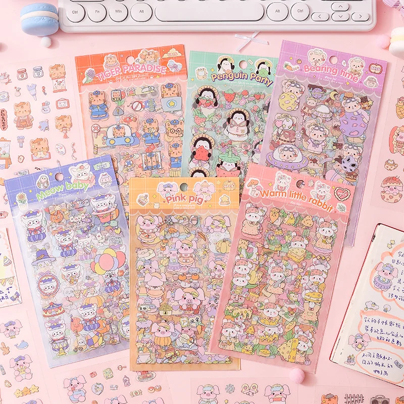 6 Blatt Kawaii-Cartoon-Aufkleber, süßes Haustier, Tier, DIY, Skizze, Geschenk für Junk Journal, Telefon, Laptop, Scrapbooking, Zubehör, wasserdicht