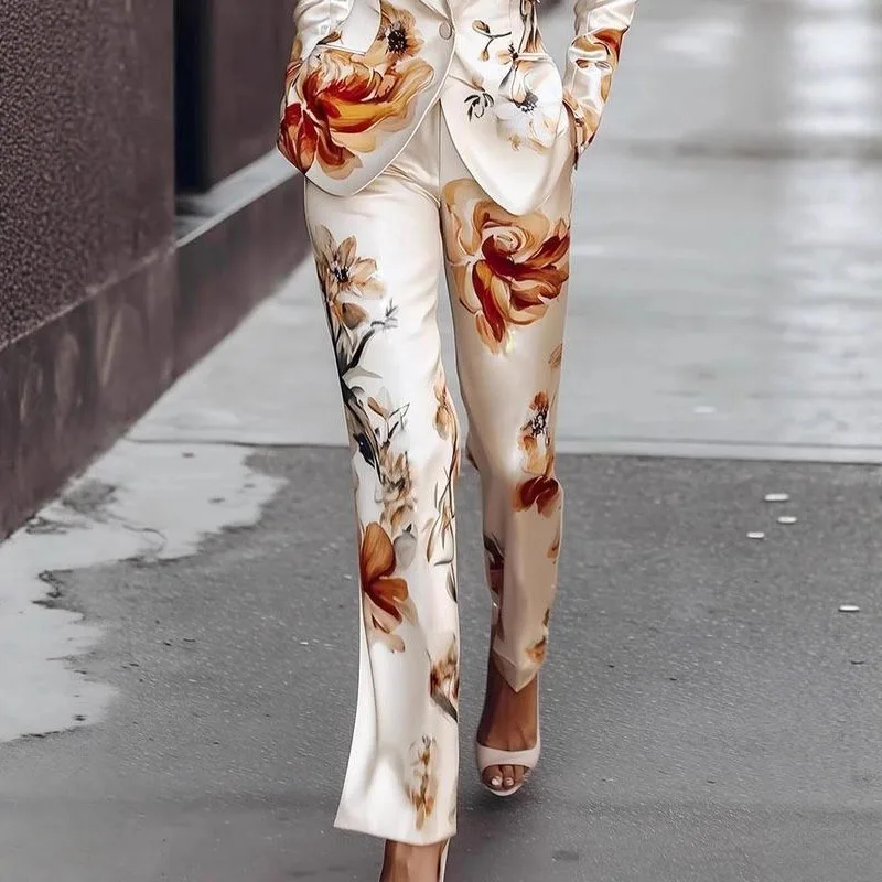

Autumn New Fashion Floral Print Satin Set Winter Elegant Commute Outfit Woman Turn-down Collar Button Blazer Jacket & Pants Suit