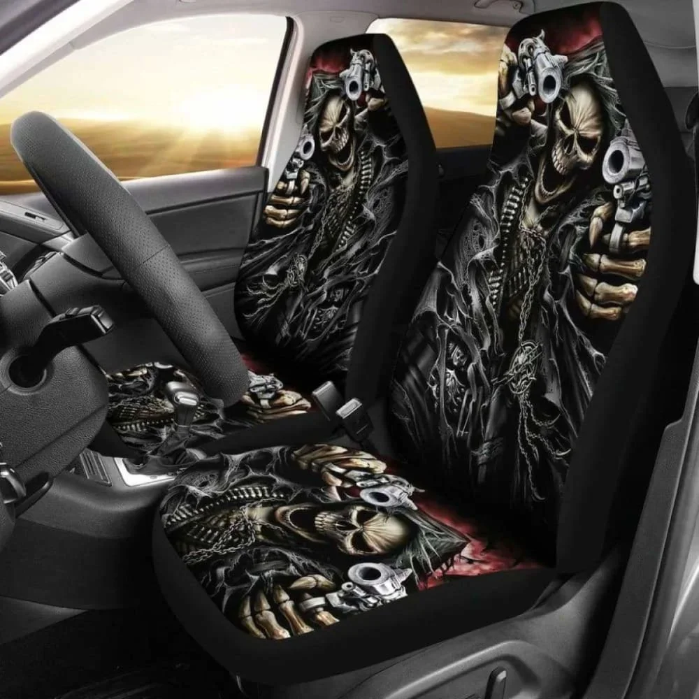 

Set 2 Pcs Grim Reaper Skull Gothic Seat Cover Sugar Skulls Pack of 2 Universal Front Seat Protective Cover