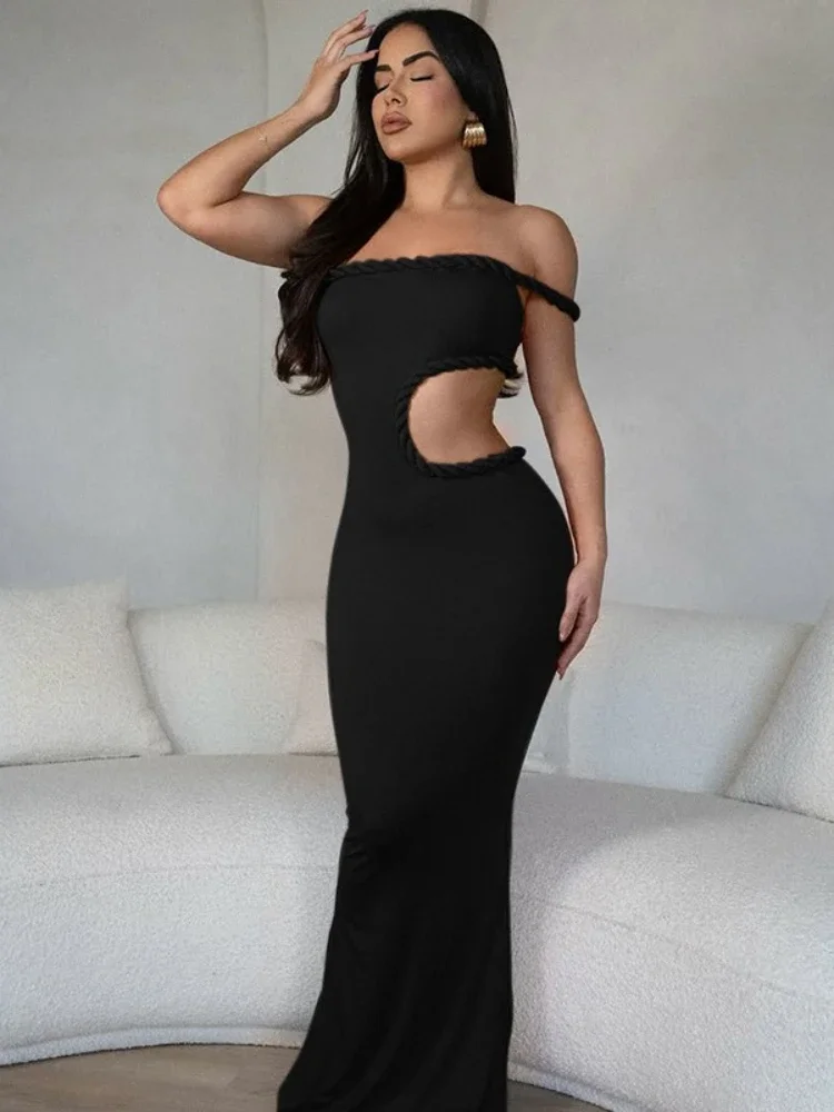 

Sexy Off Shoulder Sleeveless Hollow Out Long Holiday Beach Dress Women's Summer Slash Neck Cut Out Slim Evening Party Dresses