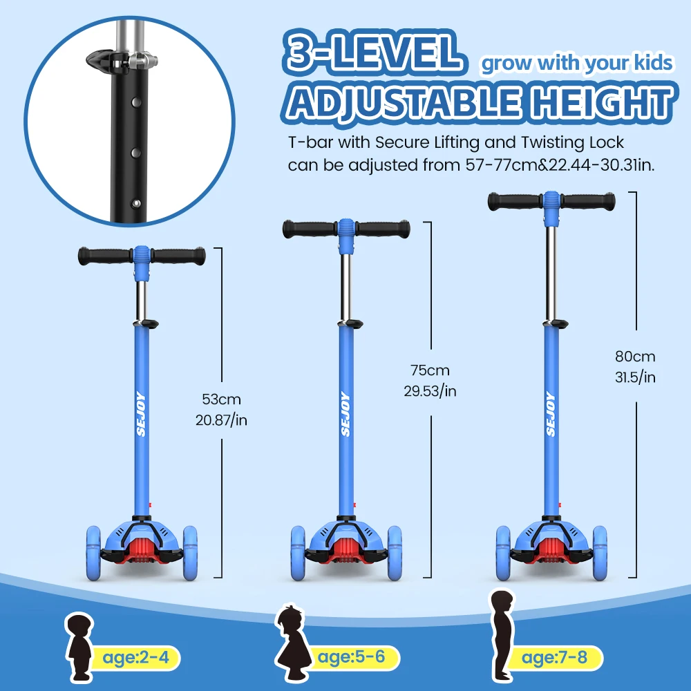 Sejoy Baby Scooter 2-8 ans avec roues LED, hauteur réglable, design pliable et double modes – Cadre de qualité militaire