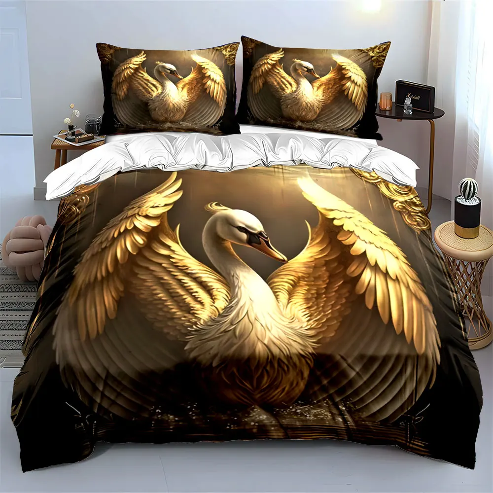Golden Swan Decoration Set - Elegant Display Soft Skin-Friendly Bedding Set Includes 1 Duvet Cover And 2 Pillowcase, Gift