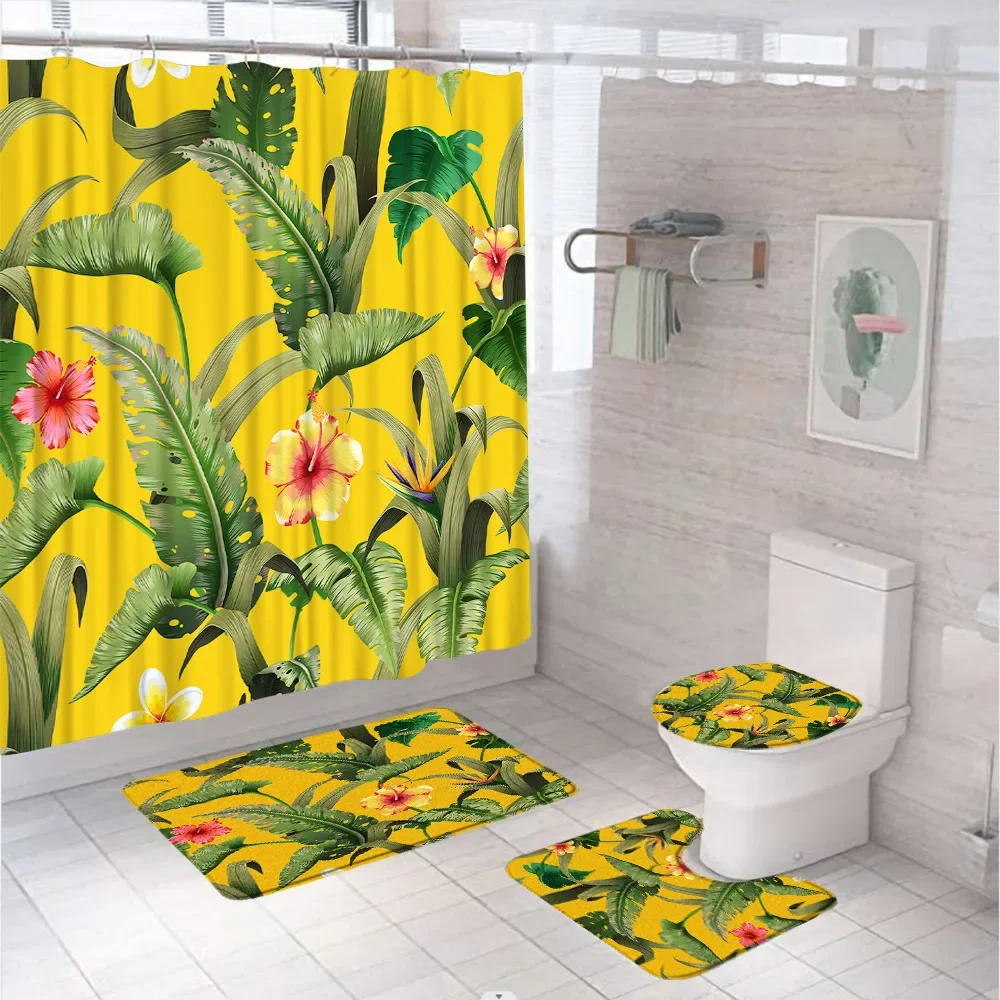 Tropical Plant Green Leaves Shower Curtain Set Watercolor Jungle Flower Bathroom Curtains Non-Slip Rug Bath Mat Lid Toilet Cover