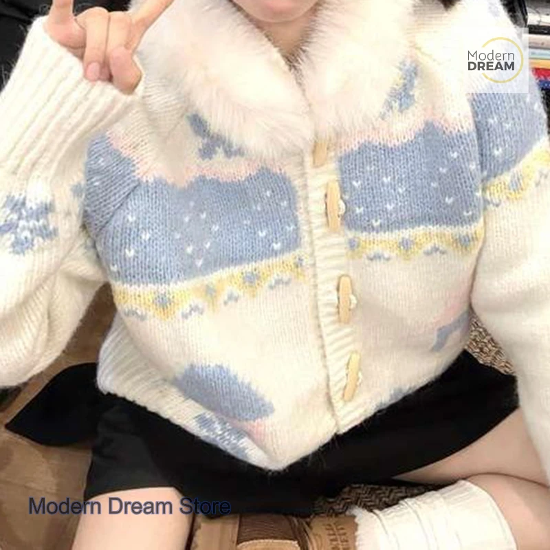 

Japanese lazy jacquard sweater coat women's autumn and winter new gentle wind horn contrast knitted cardigan loose sweet top