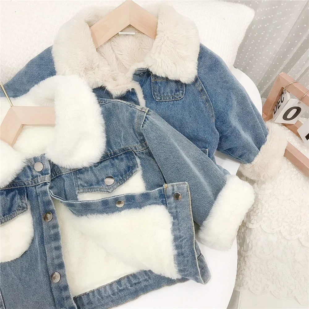 

2023 New Winter Baby Boys Fleece Denim Jacket Kids Clothes Toddler Girls Thicken Warm Lambswool Coat Fashion Children Outerwear