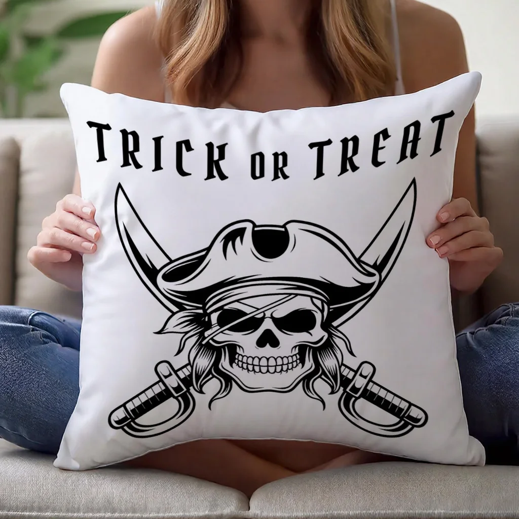 Pirate Skull Trick or Treat Pillow Case, Halloween Horror Cushion Cover, Gothic Home Decor Throw Pillow Slipcover for Sofa Party