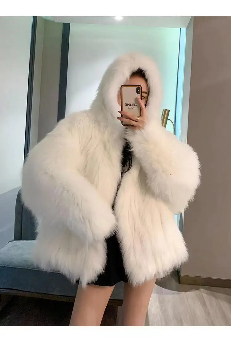 winter 2024 new Korean version of fox fur imitation fur coat women's medium length Internet red fried street hooded fur coat