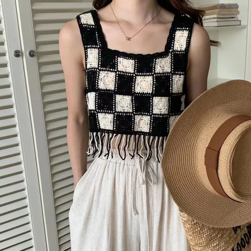 Langweilige Honig Retro Check Sommerkleid ung für Frauen Quasten aushöhlen gestrickte ärmellose Korsett Tops quadratischen Kragen Crop Top Frauen