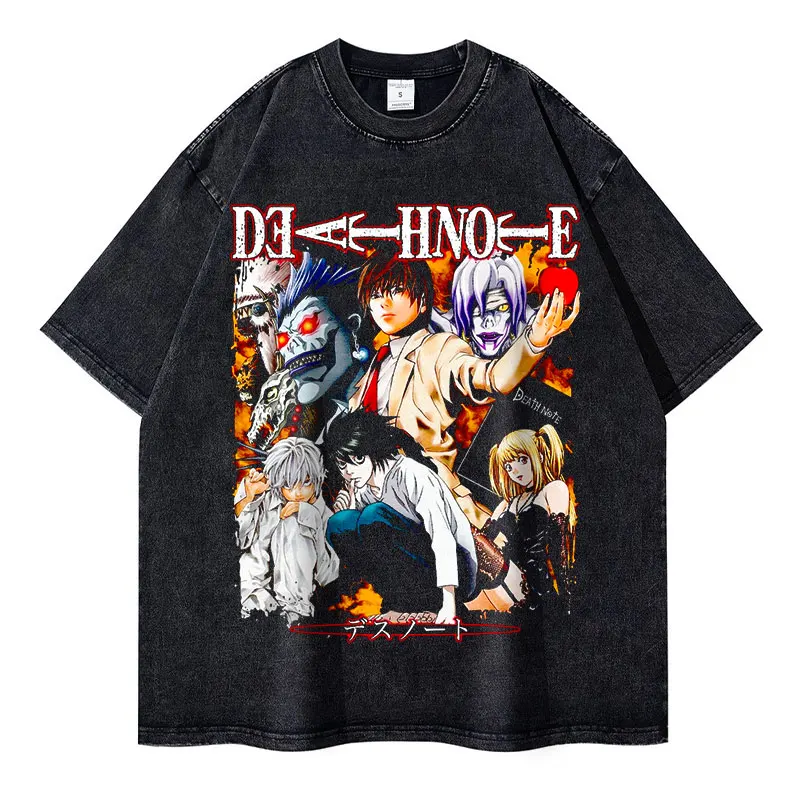 Anime Death Note T Shirt Oversized Vintage Washed Yagami Light T-shirts Streetwear Short Sleeve Manga Lawliet Misa Tops Tees Men