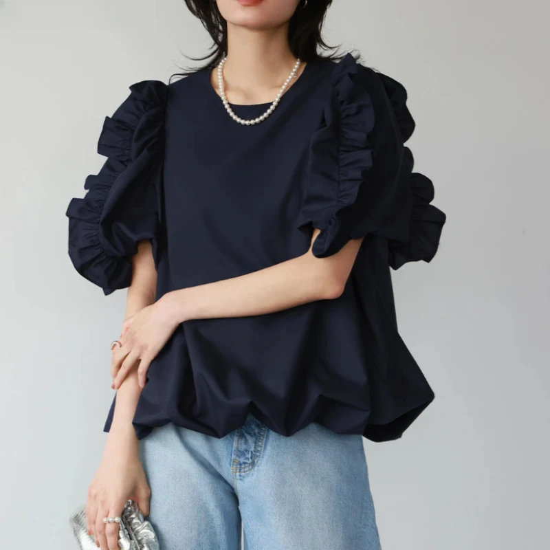 2024 Summer Japan Style Spliced Ruffles Shirts & Blouses women Short Sleeve Blusas O-Neck Camisas Loose Casual Ropa Mujer Tops