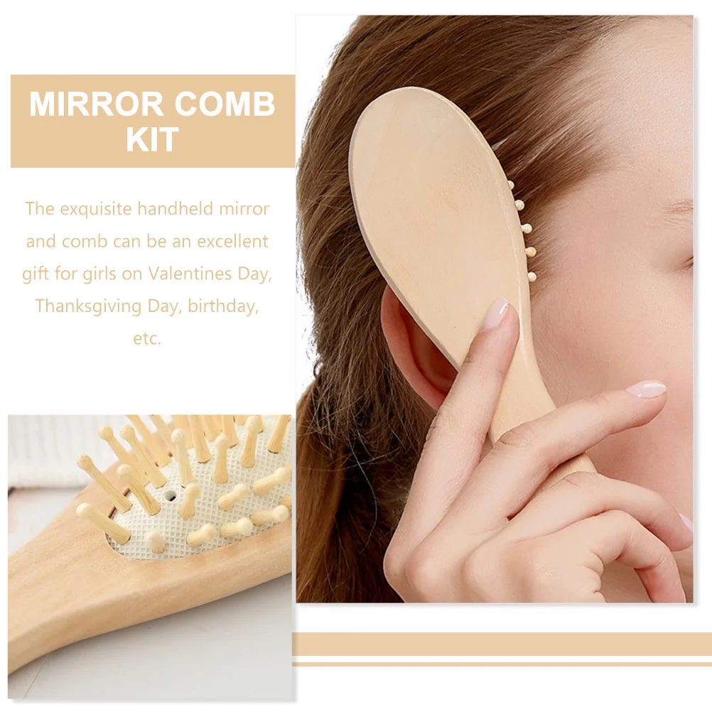 

2 set Set Wooden Portable Makeup Hair Brush Kit Travel Handheld Mirror Makeup Compact Vanity Mirror For Women Gift