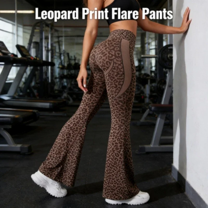 Calças femininas de ioga fitness com estampa de leopardo e costas cruzadas sem costura