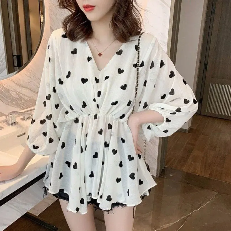 Women Summer Fashion Office Lady Simplicity V-neck Chiffon Shirts Women Clothes Elegant Temperament All-match Casual Loose Tops