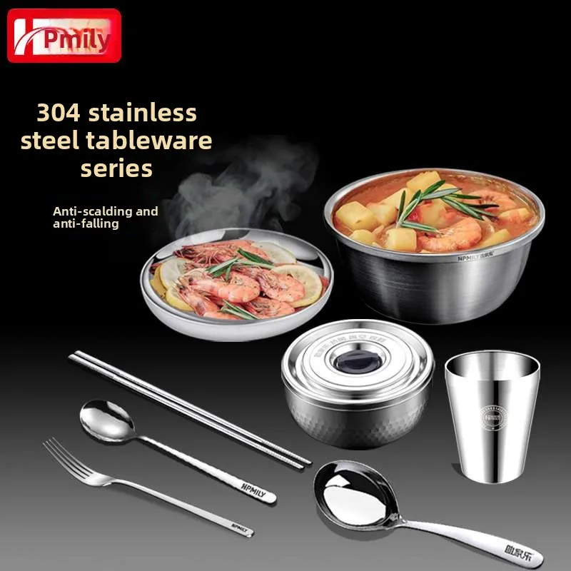 

CX Stainless Steel Tableware Dish Set Household Vegetable Plate Rice Bowl Large Soup Bowl with Lid