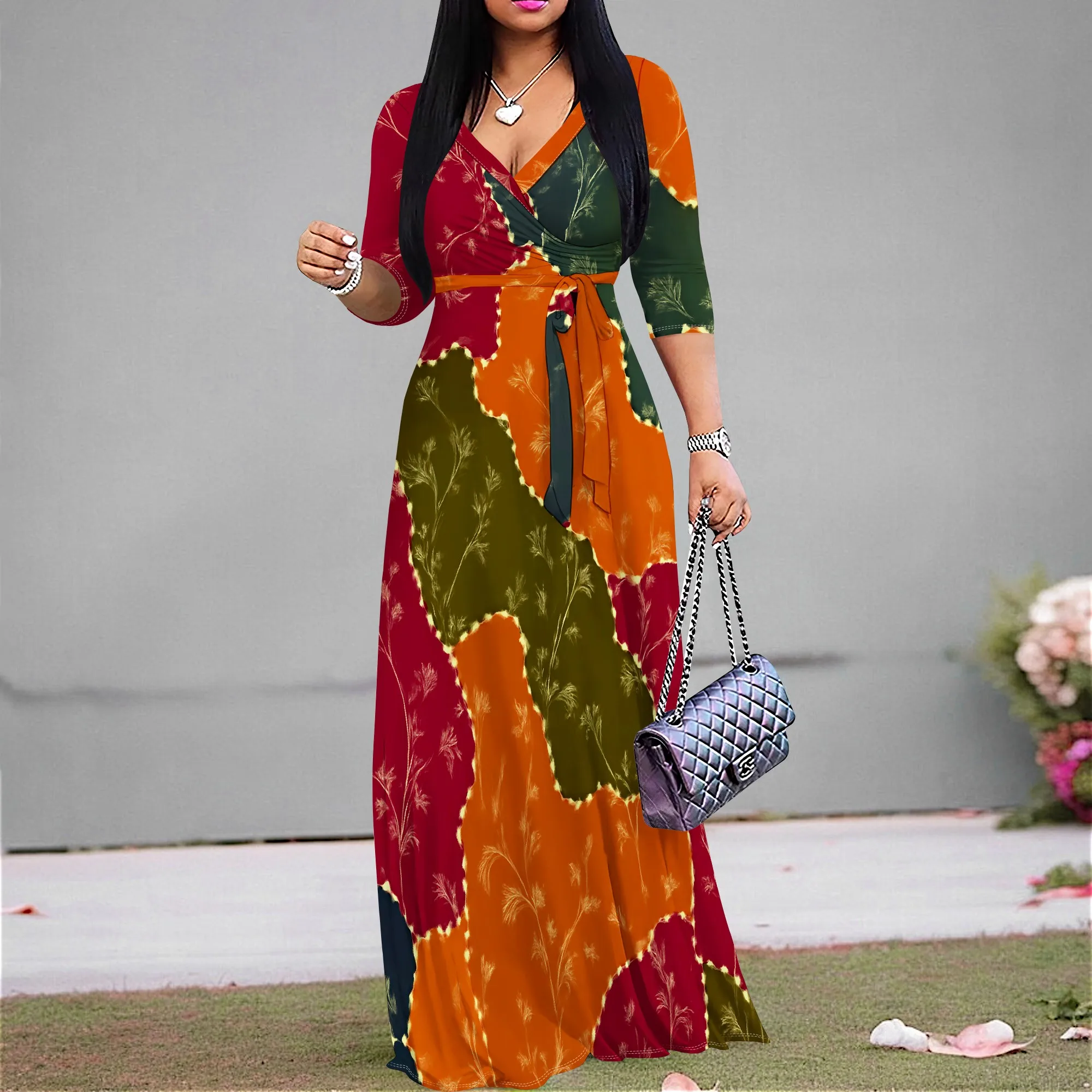 

Colorblock Patchwork Maxi Dress S-3XL V-Neck Wrap Style with Belt & 3/4 Sleeves for Art Gallery, Afro Fest or Fall Look
