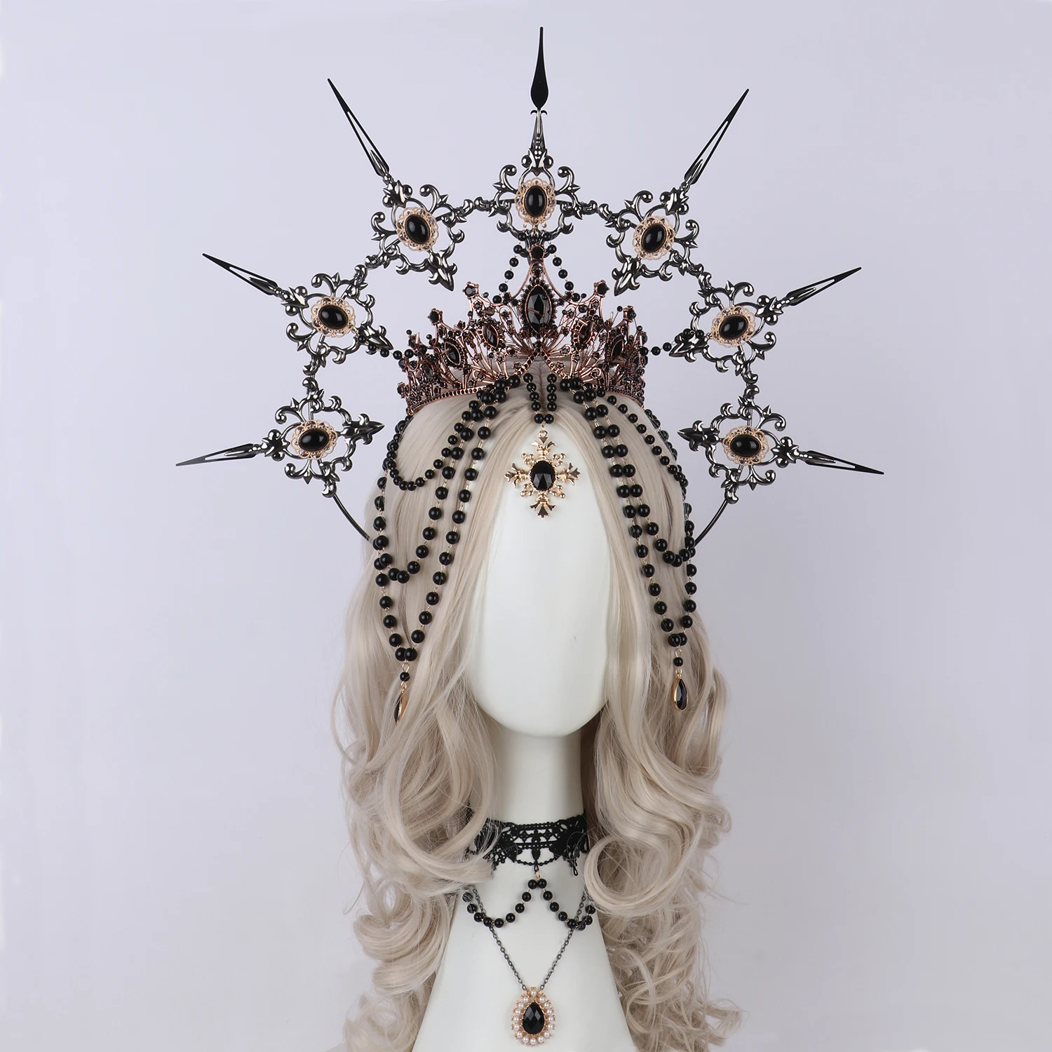 สีดำ Spiked KC Halo สร้อยคอมงกุฎ Headpiece ผู้หญิงเทพธิดา Gothic Headband Virgin Mary Baroque ลูกปัดเครื่องประดับผม