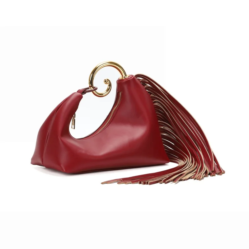 French Style Elegant Tassel Decoration Metal Ring Handbag Creative Horsetail Shaped Bag Vintage Premium Texture Leather Tote Bag