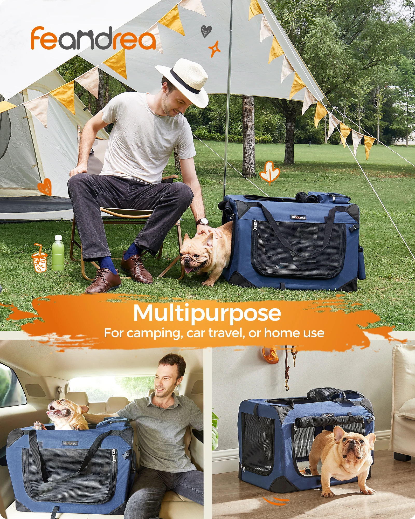 Feandrea Hundebox faltbar,M,Hundetasche, Oxford-Gewebe, Netzstoff, Metallrahmen, mit Griffen, Taschen, 60 x 42 x 42 cm