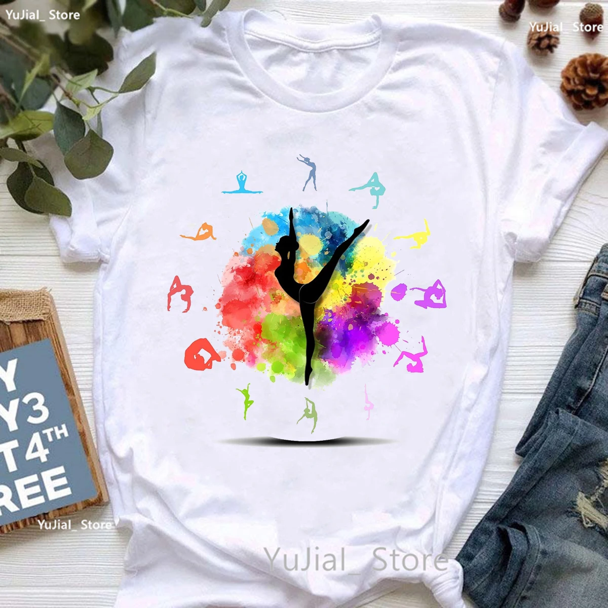 Tęczowa tancerka baletowa z nadrukiem T-Shirt dla dziewcząt gimnastyk kochanek T-Shirt damski kwiaty akwarele koszulka Femme letnie topy z krótkim rękawem