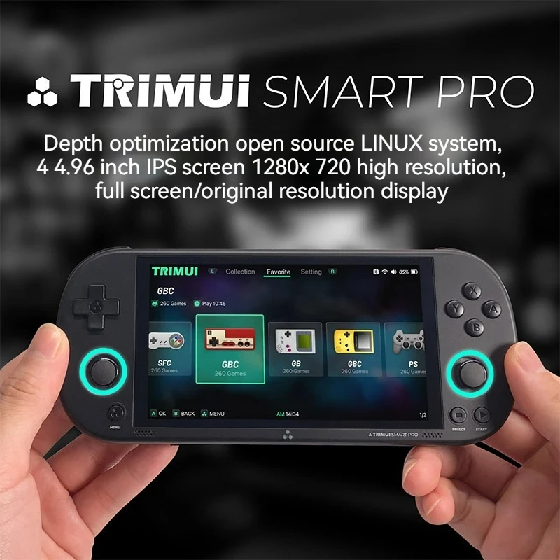 Trimuni-consola de juegos portátil Smart Pro, Arcade Retro de código abierto, Hd, pantalla Ips de 4,96 pulgadas, sistema Linux, batería de duración