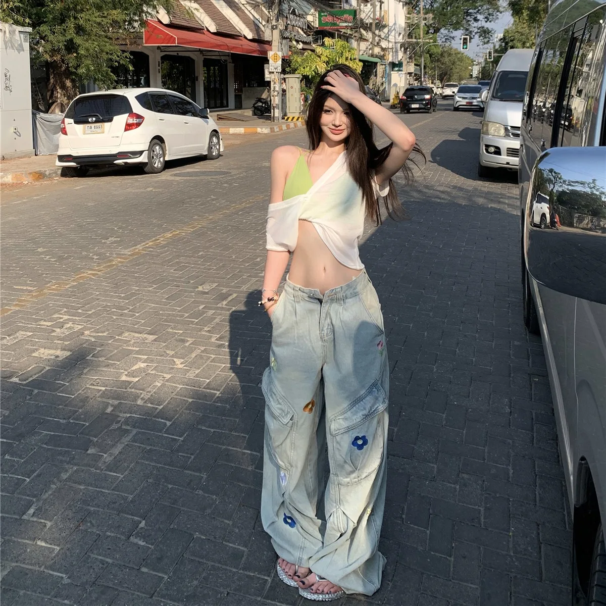 

Летние женские свободные джинсы с широкими штанинами, вышивкой мелкими цветами, в корейском стиле, с завышенной талией, длинные брюки, синий цвет, коллекция 2026 года