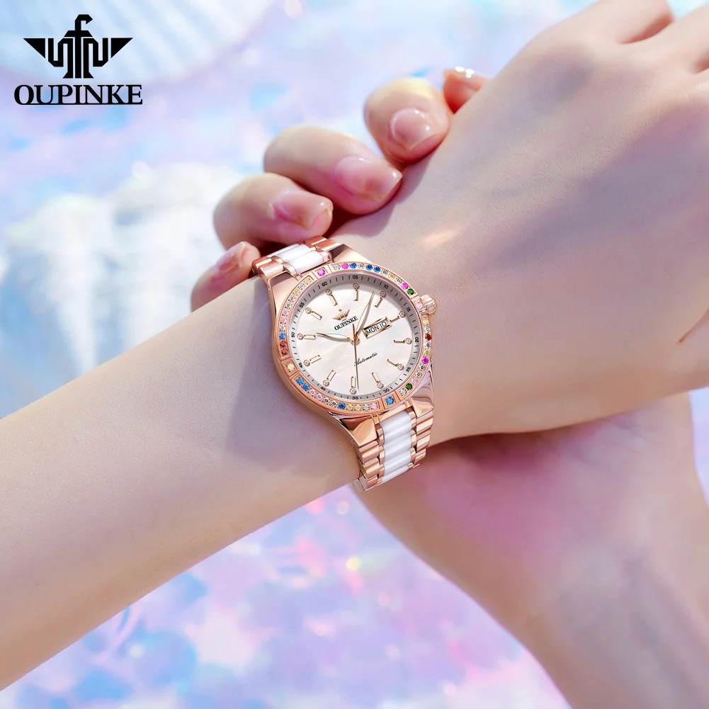 OUPINKE Colored Diamond Women\'s Watches Luxury Imported Movement Automatic Wtch Luminous Scale 2024 NEW Lady Wristwatches