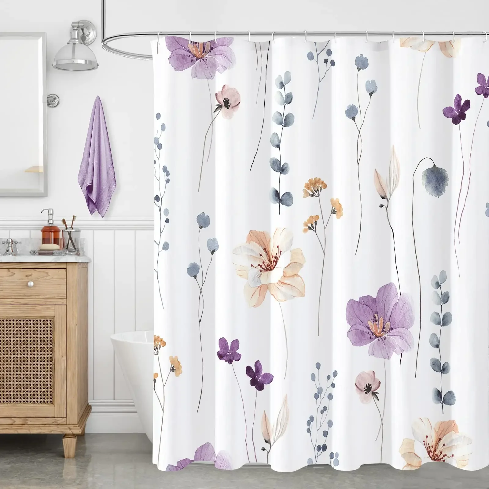 

Yellow and Grey Floral Shower Curtain, Watercolor Flower Bath Curtain for Bathroom, Minimalist White Waterproof Fabric with Hook