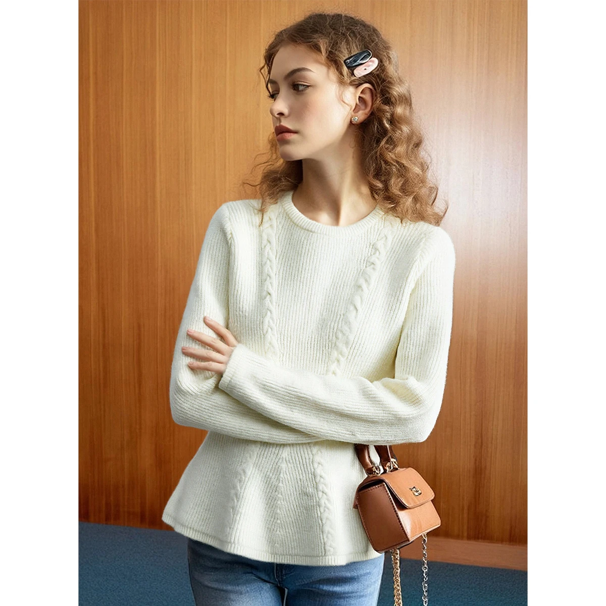 OLrain Women's Winter Ruffled Sweater 2026 Round Neck Waist Knitted Tops French Chic Long Sleeve Female Pullovers O57DM002550