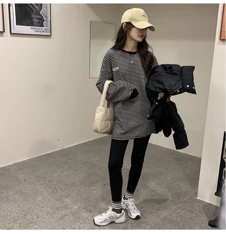 Damen Herbst T-Shirt Winter Studenten-Sweatshirt Gestreiftes Langarm-Oberteil mit Normalen Schultern Neues Rundhals-Langarm-Sweatshirt – Detail 15