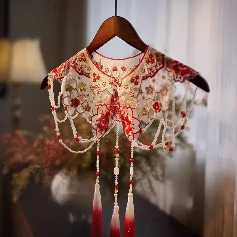 Women\'s Spring Summer Embroidery Luxury Tassel Pashmina Female Autumn Winter Chinese Vintage Lace Shawl Cloak R140