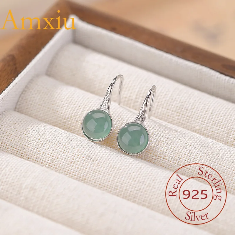 Amxiu Sterling Silver 925  Blue Water Jade  Round Pattern Chinese Ethnic Style Simple Ear Hook Earrings