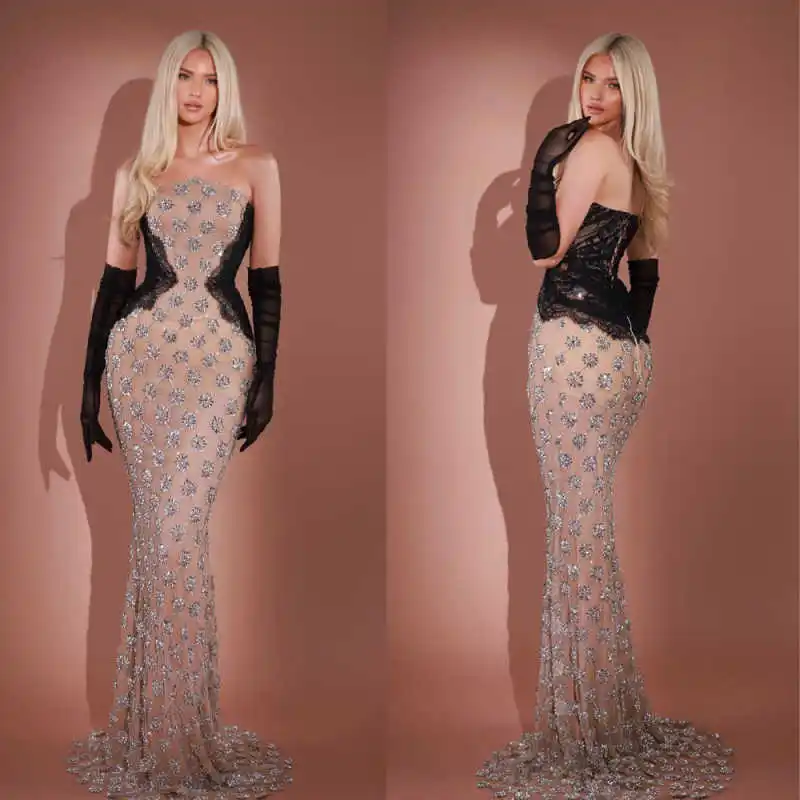 Sparkling Diamond Mermaid Evening Dress Sleeveless Strapless Dress Lace Cocktail Party Dresses Prom Dresses Customized