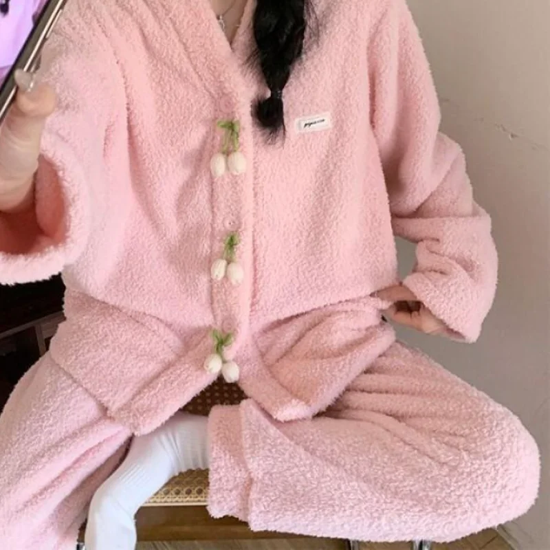 Модная домашняя одежда, полуфланелевая одежда для сна для женщин, пижамный комплект, бархатный утепленный коралловый бархат с милым цветком, домашний костюм, пижамные комплекты