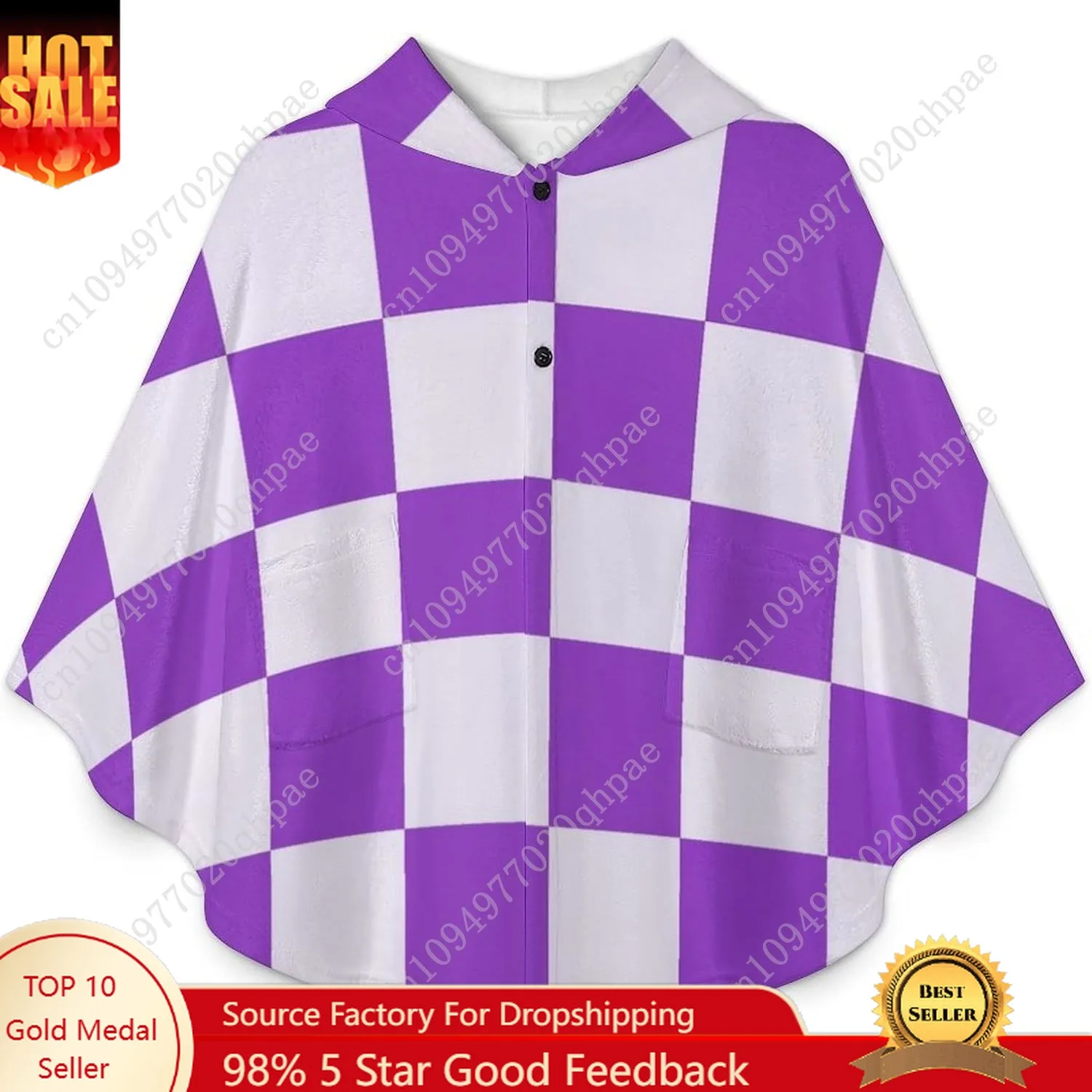 Comodo maglione coperta in flanella, felpa con cappuccio oversize a quadretti viola bianchi con tasche per bambini e adolescenti