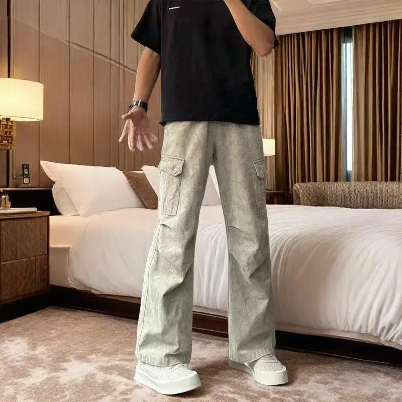 Men's High Street Cargo Pants Autumn Winter Wrinkle Pleated Loose Fit Straight Leg Casual Streetwear Hip Hop Trousers