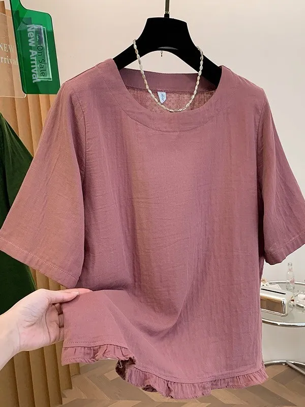 

Retro Wooden Short Sleeve round Neck T-Shirt Women's Loose Slimming Pure Color Thin Summer New Style Casual Top
