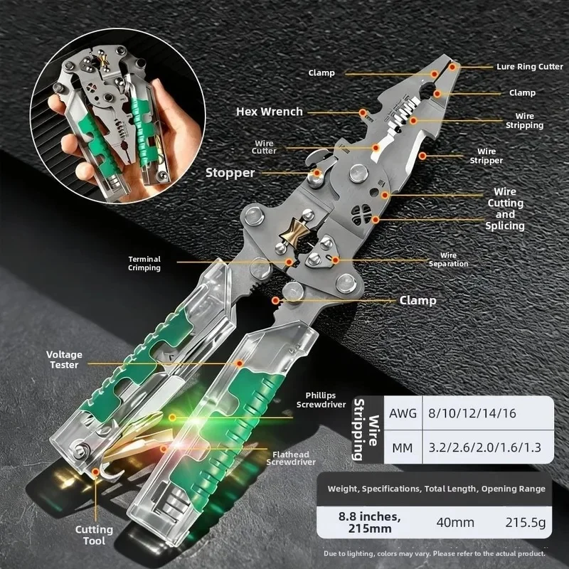 Portable Multifunctional Foldable Wire Stripping Pliers with Voltage Test Electrical Clamps Anti-slip Test Pen for Hand Tools
