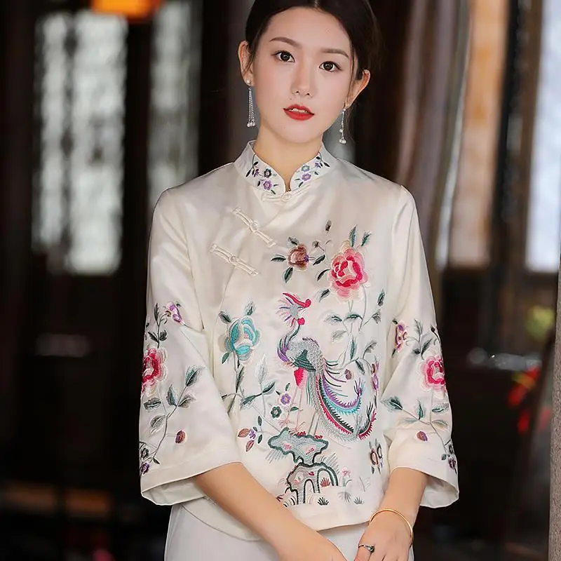 New Spring and Autumn Ethnic Style Tang Suit Coat Retro Embroidery Button Chinese Top Women\'s Top Elegant Loose Blouse