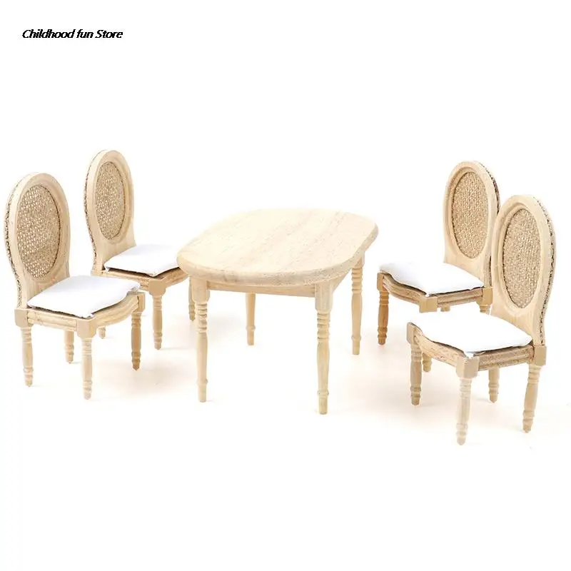 Juego de mesa de comedor de madera en miniatura para casa de muñecas, muebles de cocina, juguete, 1:12, 5 piezas por juego