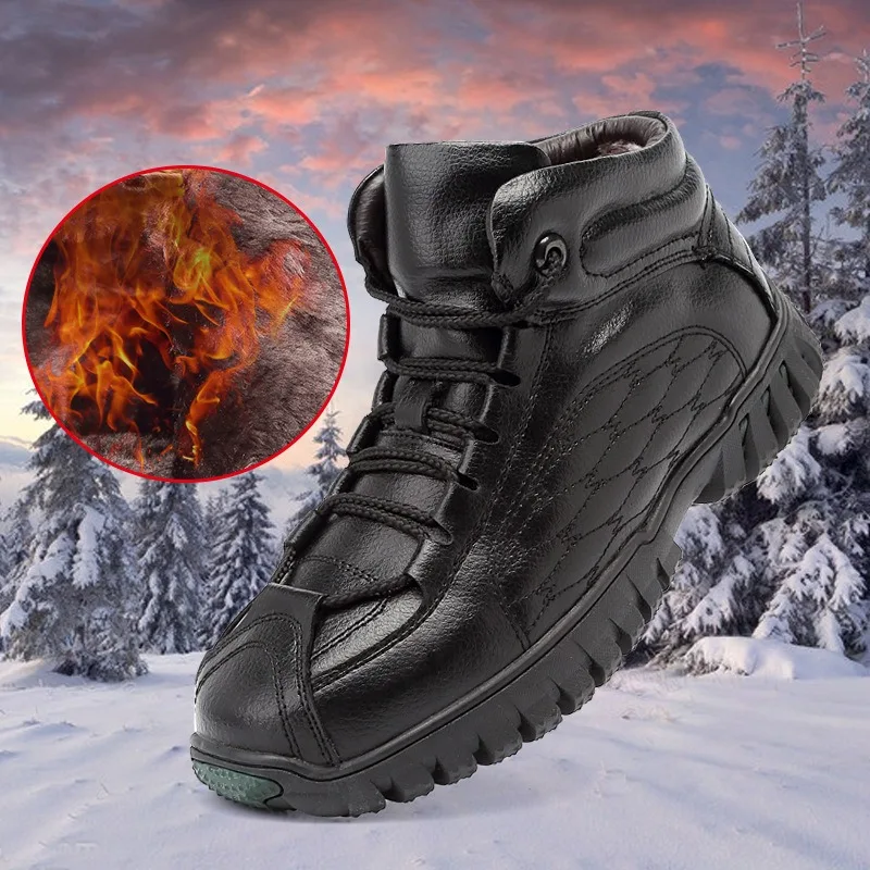 

Men's Winter Leather Cotton Shoes Fleece Lined Warm Casual Outdoor Big Size Cowhide Snow Boots Non-Slip