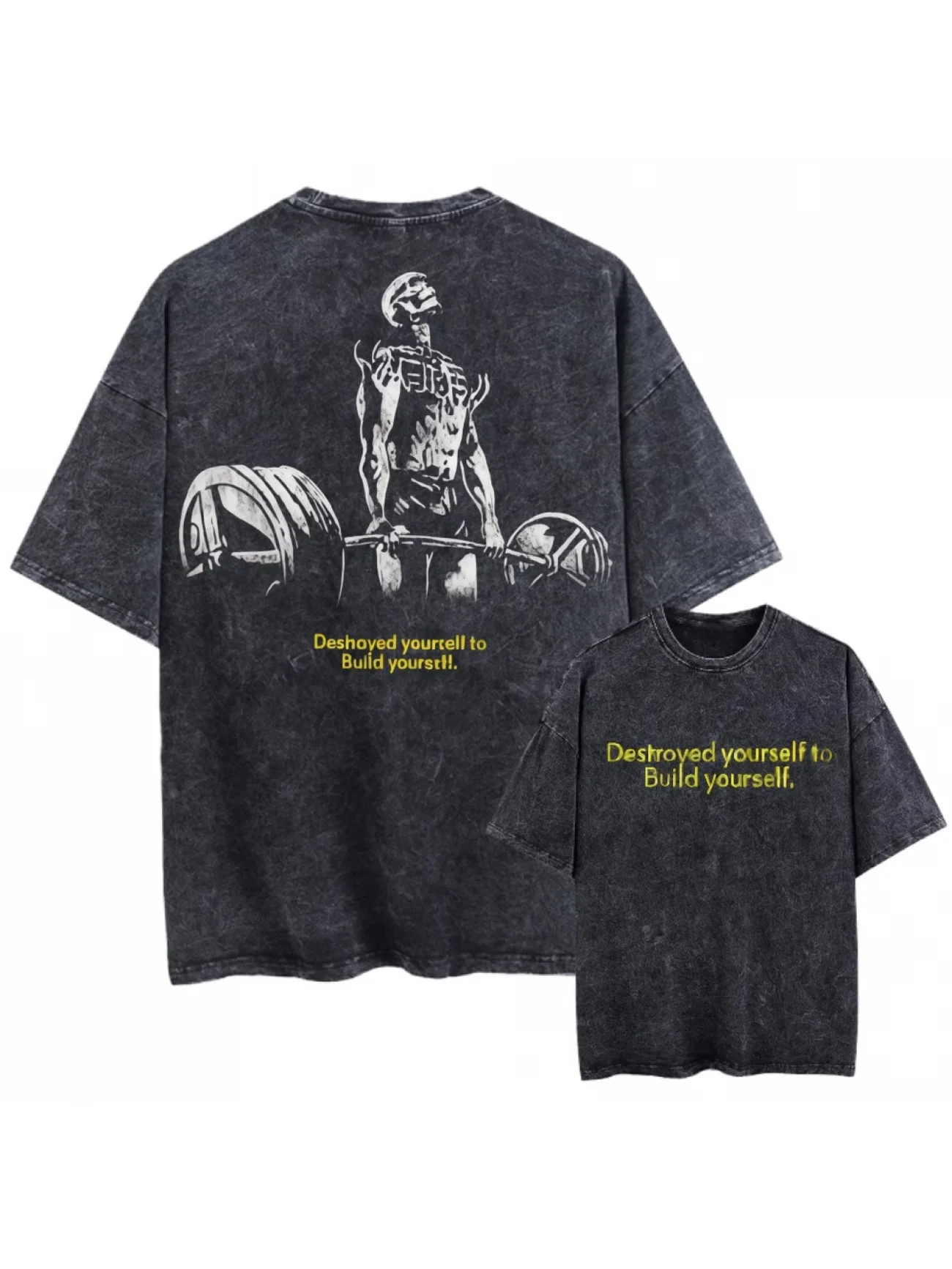 Men's Washed T Shirt Bodybuilding Fitness Destroyed yourself to Build yourself Y2K Vintage Summer Women Tee Oversize Streetwear