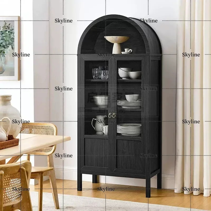 French Retro Solid Wood Bookcase American Arched Glass Door Wine Cabinet Medieval Dining Side Cabinet Living Room Display