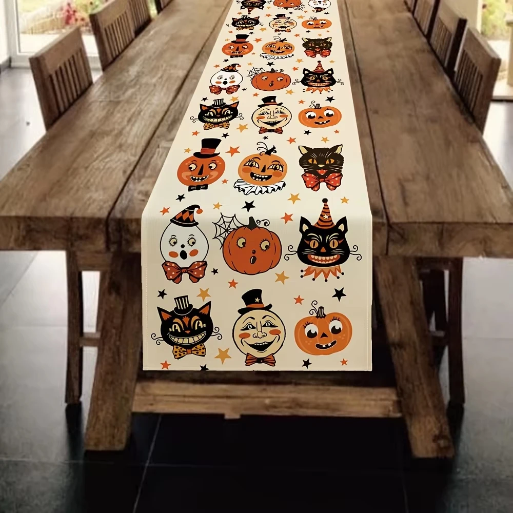 Halloween Table Runner Retro Pumpkin Black Cat Ghost Print Table Decor Holiday Party Dining Tablecloth