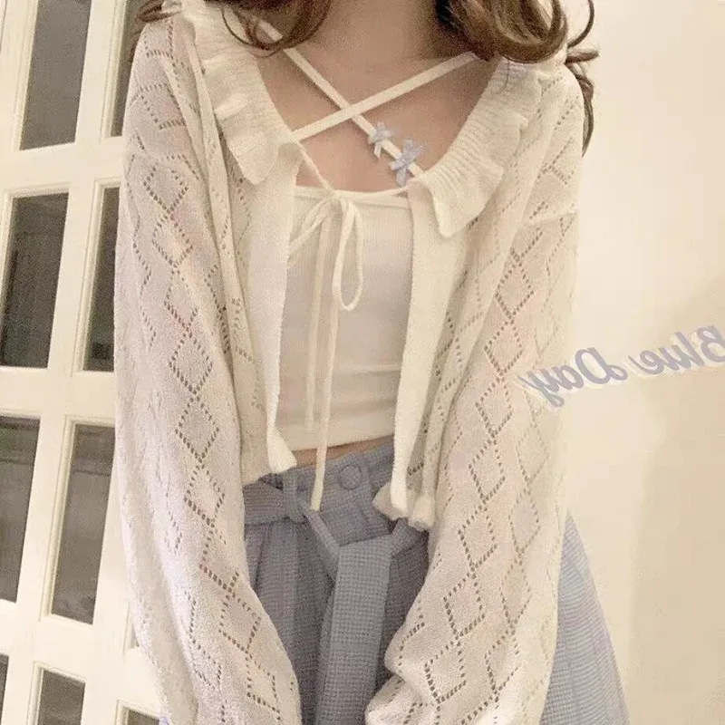 White Cardigans Women Hollow Out Fashion Loose Casual Ruffles Tender All-match Sun-proof Cropped Female Bandage Vintage Ulzzang