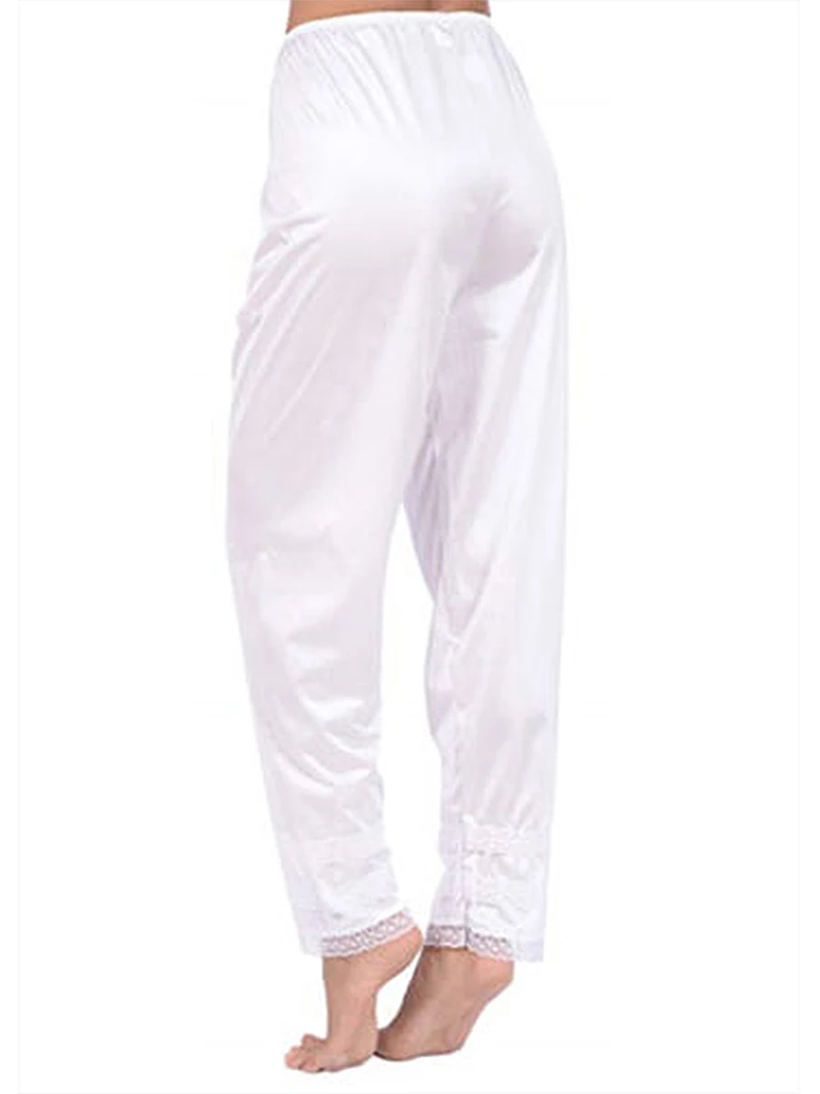 Women's White Silk Pettipants Slip Ankle Length Snip-it Pant Liner Satin Culotte Slip Elastic Waistband Lace Lounge Sleep Pants