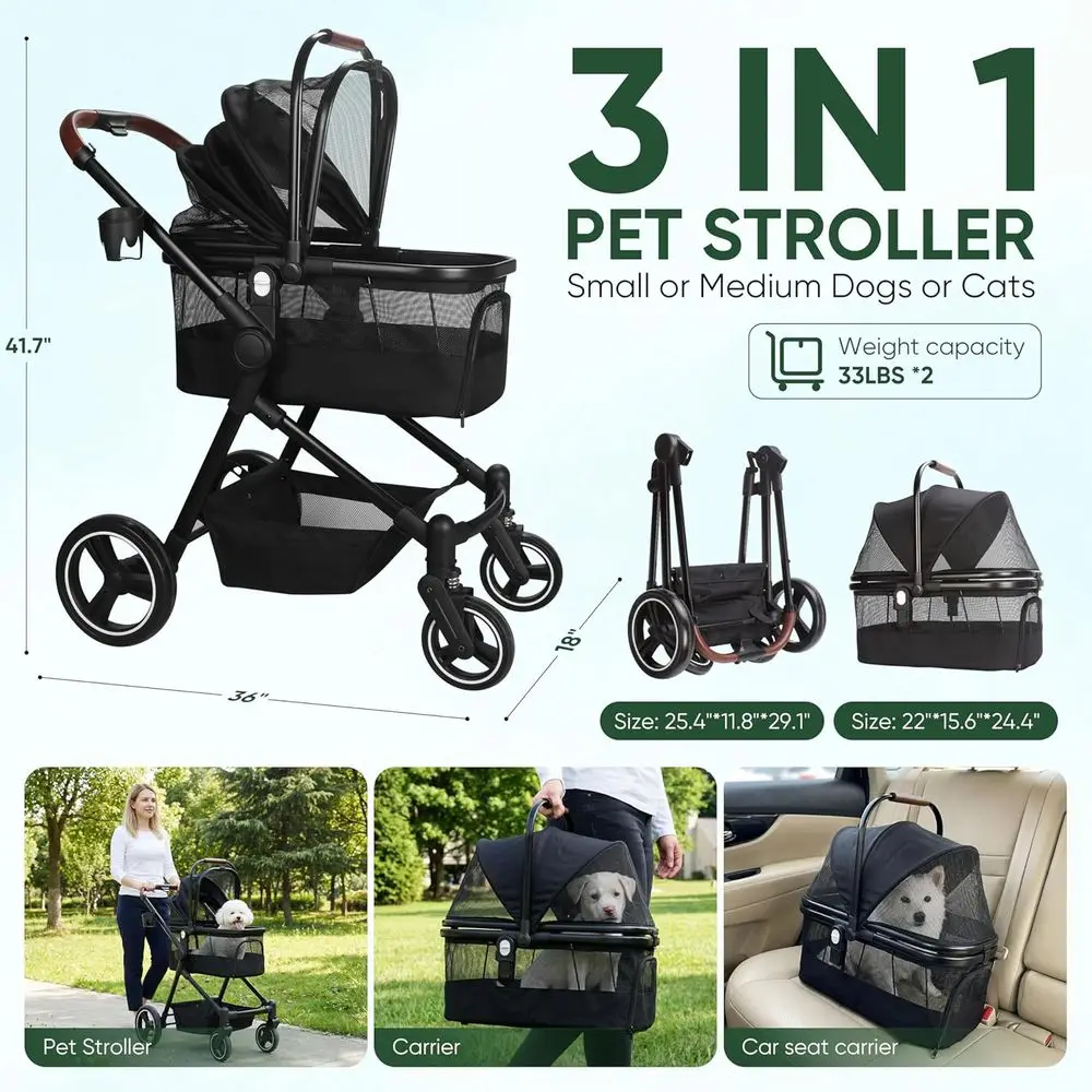 3-in-1 Foldable Pet Stroller for Dogs & Cats Up to 50lbs, Portable Bag, Storage Basket, Easy Folding Frame