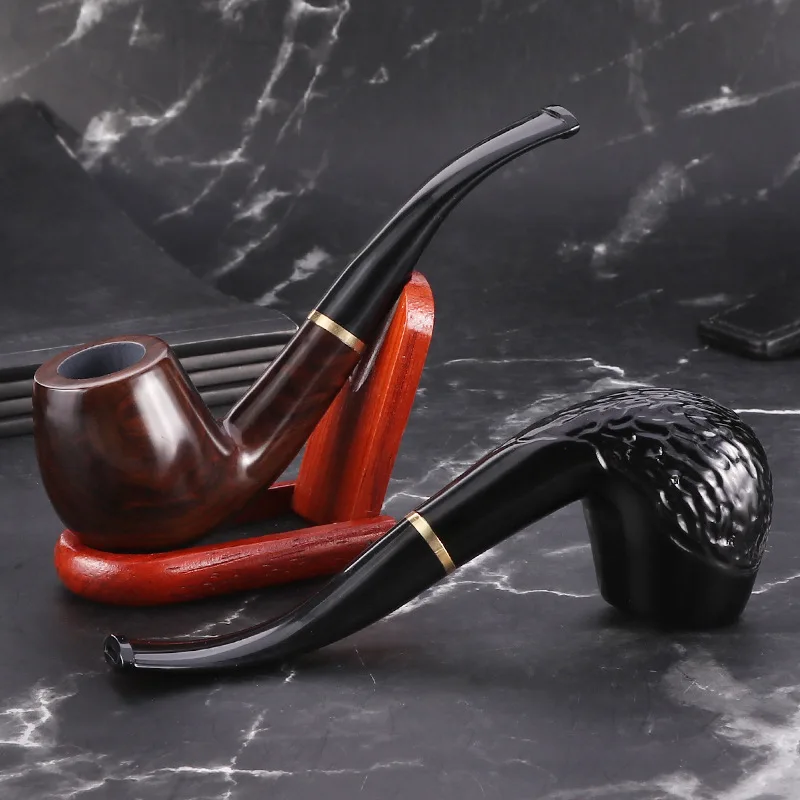 Black Sandalwood Smoking Pipe Gold Ring Tobacco Pipe 9MM Filter Solid Wood Dry Pipe Smoking Craft Wood Pipe