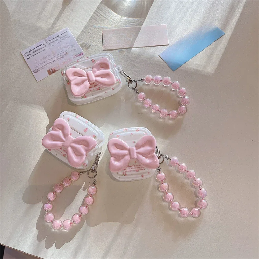 For Airpods Pro2 Earphone Case Cute Fresh Flower Pink Bowknot Protective Case for AirPod 2 Pro 3 Soft Cover with Chain Keyring